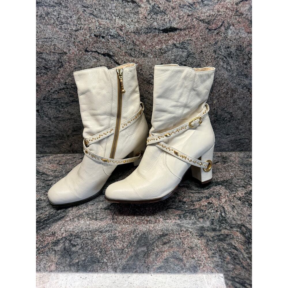 Vintage White Leather Ankle Boots with Gold Studs, size 11 - Picture 2 of 6